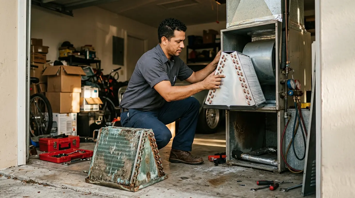 Technician sliding a new A-frame evaporator coil into the plenum of an air handler in a Miami garage