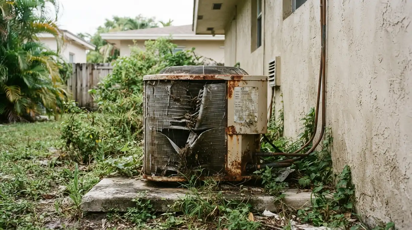 Old rusted beige AC condenser with bent fins and a faded data plate beside a Miami CBS home