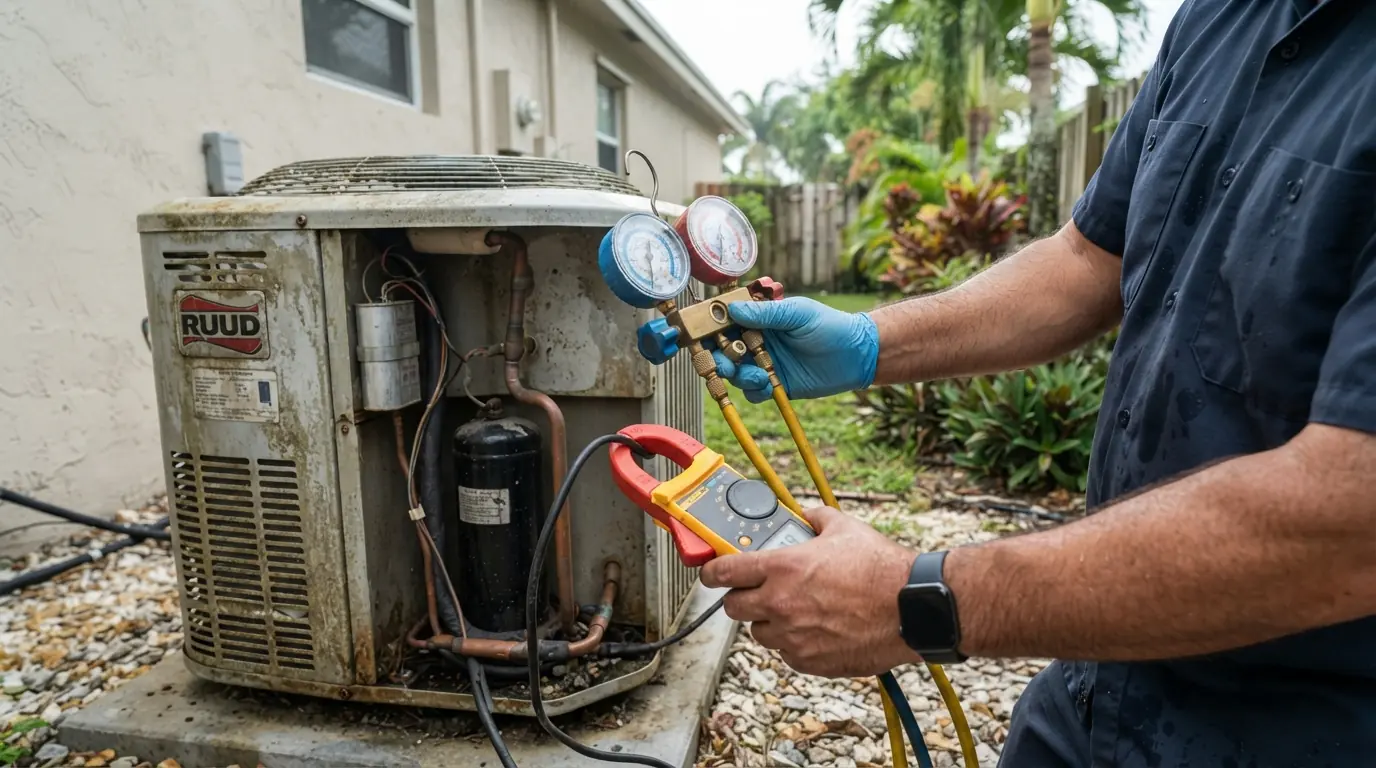 Close detail photo for AC inspection in a Miami property: technicians hands at the performance tests step