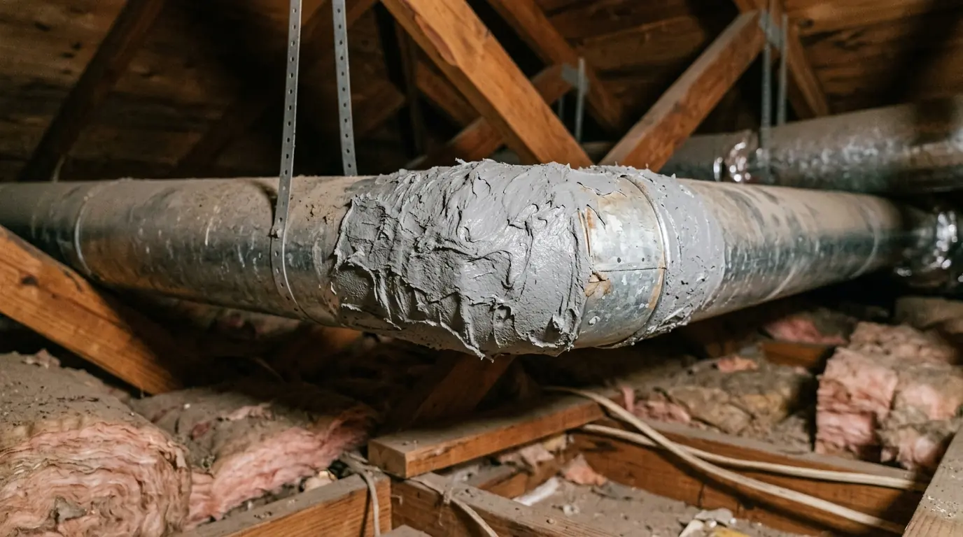 Sealed duct joint with gray mastic in an attic