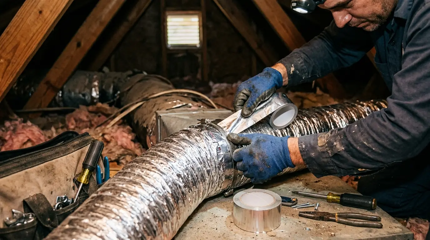 Close detail photo for duct repair in a Miami property: technicians hands at the repair step