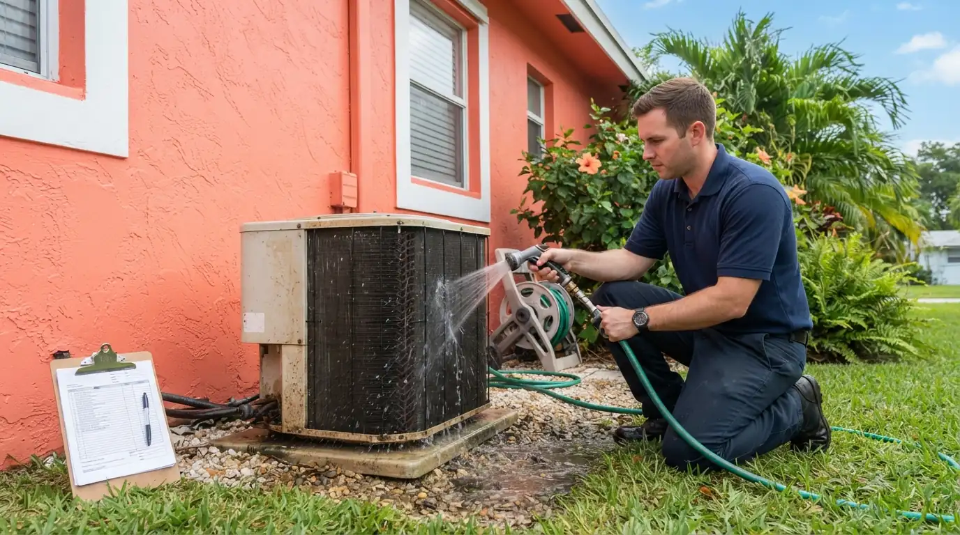 Technician in navy polo rinsing a condenser coil with a low-pressure hose beside a coral-painted Miami house