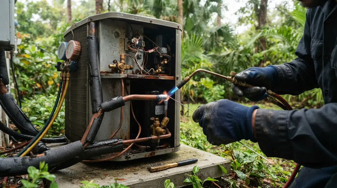 Close detail photo for refrigerant leak repair in a Miami property: technicians hands at the repair or replace step