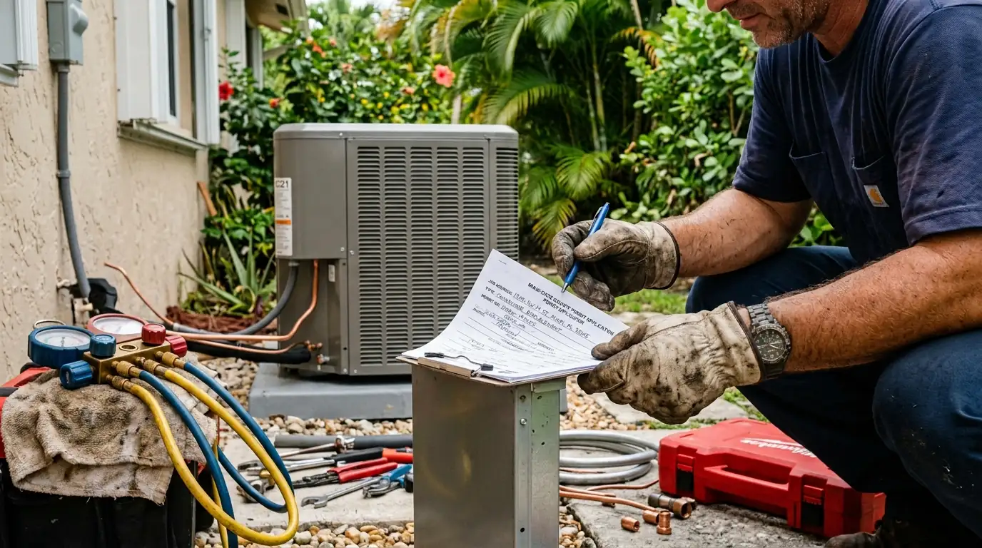 Close detail photo for condenser replacement in a Miami property: technicians hands at the permit step