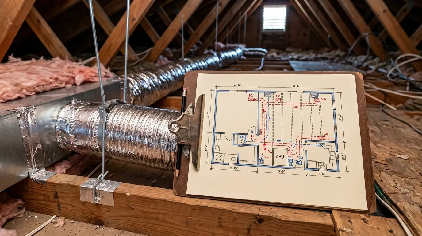 Plan sketch of a Miami home addition on a clipboard showing new supply and return duct routes