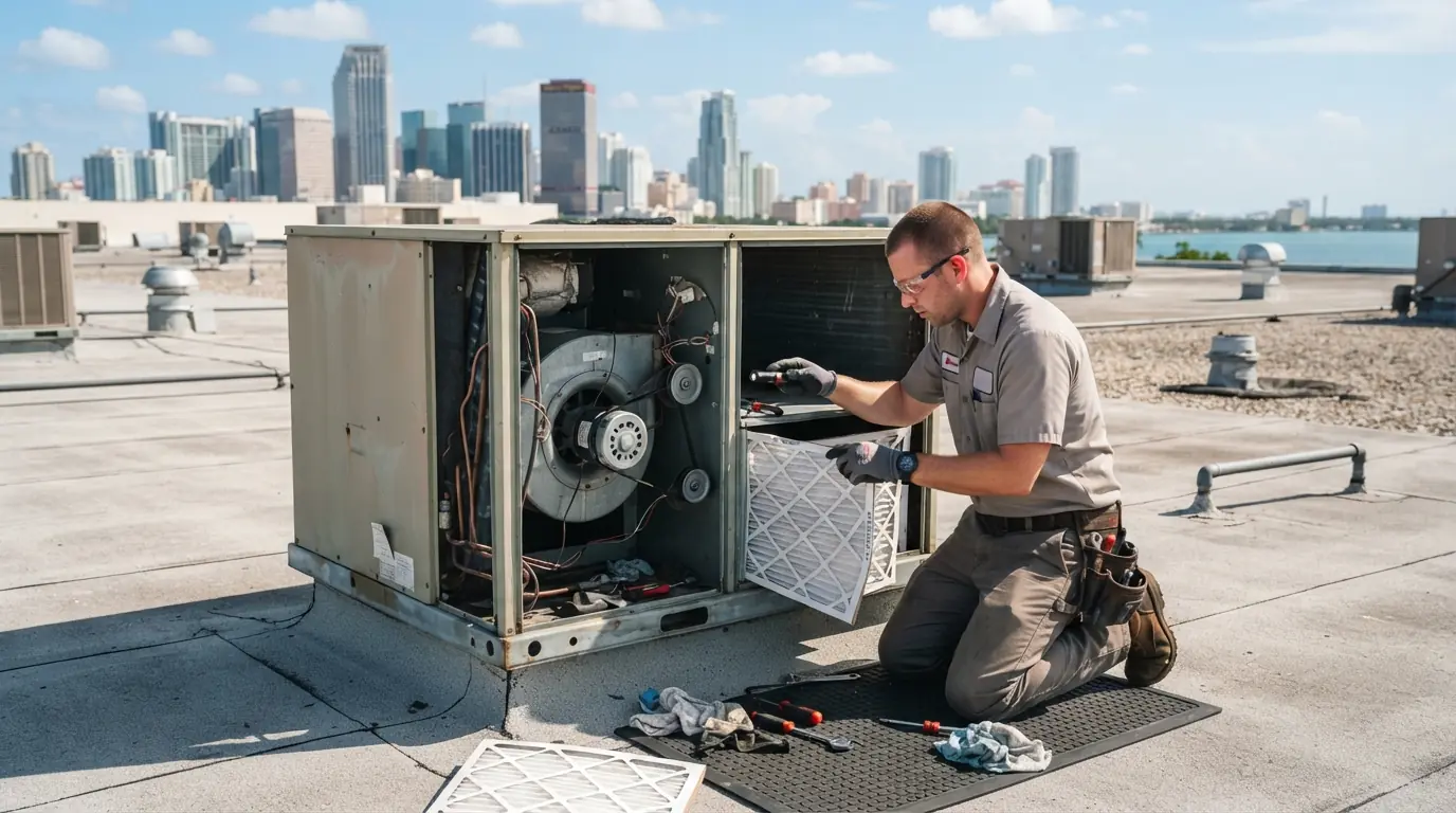 Technician replacing filters and inspecting a belt on an open rooftop package unit on a Miami warehouse roof