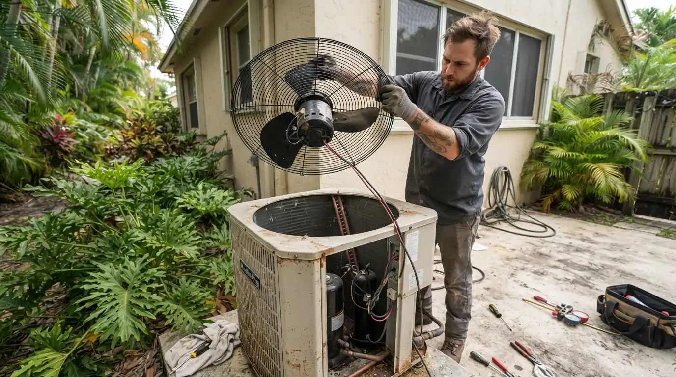 Technician lifting the fan grille and motor assembly off the top of an outdoor condenser in a Miami backyard