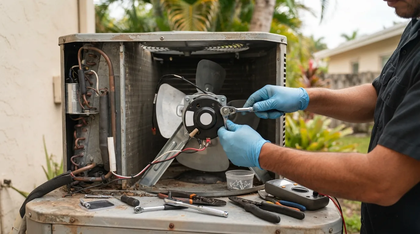 Close detail photo for AC fan motor repair in a Miami property: technicians hands at the replace step