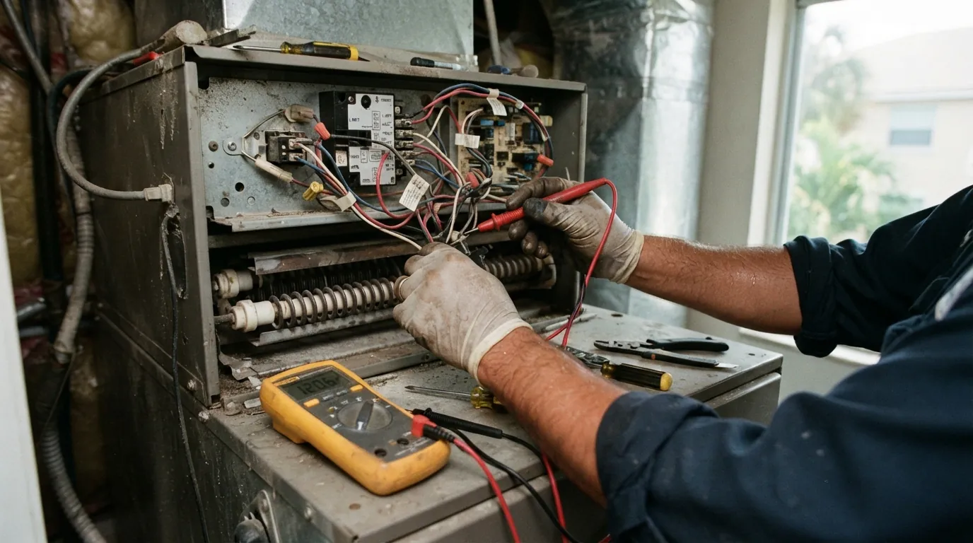 Close detail photo for heat strip repair in a Miami property: technicians hands at the check controls step