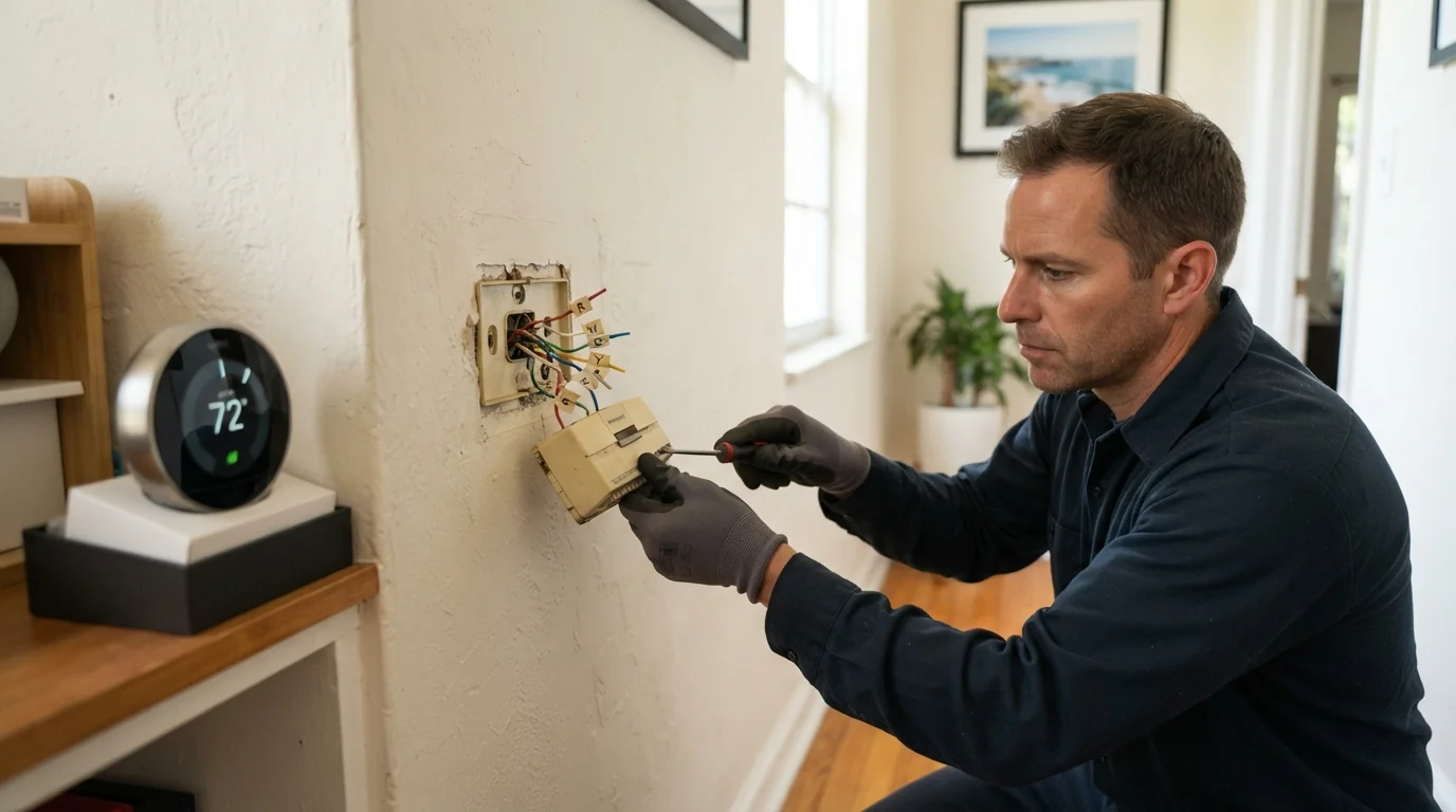 Technician removing a cracked beige thermostat from a Miami hallway wall