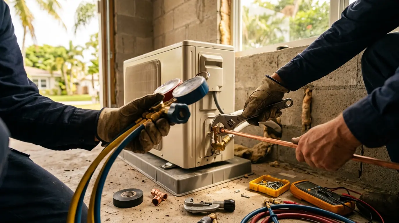 Close detail photo for garage and addition cooling in a Miami property: technicians hands at the choose the system step