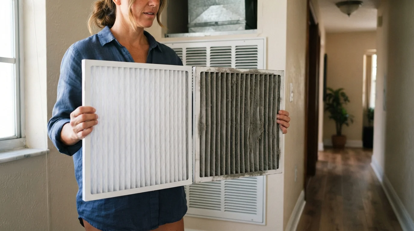 Side by side of a clean white pleated AC filter and a gray dust-packed one held up in front of a Miami hallway return grille