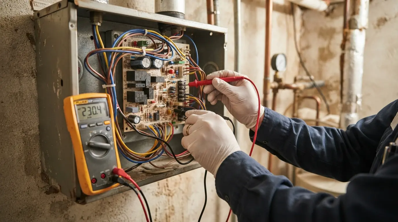 Close detail photo for AC not turning on in a Miami property: technicians hands at the test the control circuit step