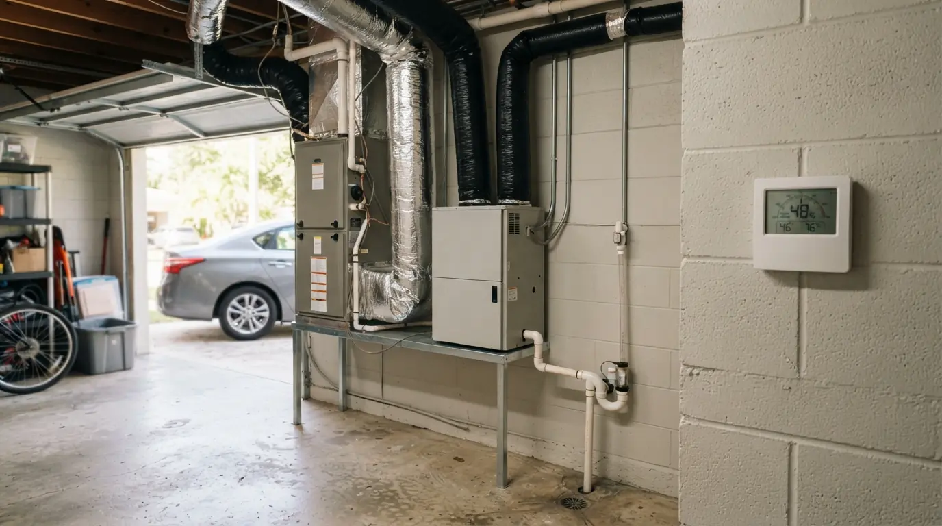 Whole-home dehumidifier unit mounted beside an air handler in a Miami garage with insulated ducts and a condensate line