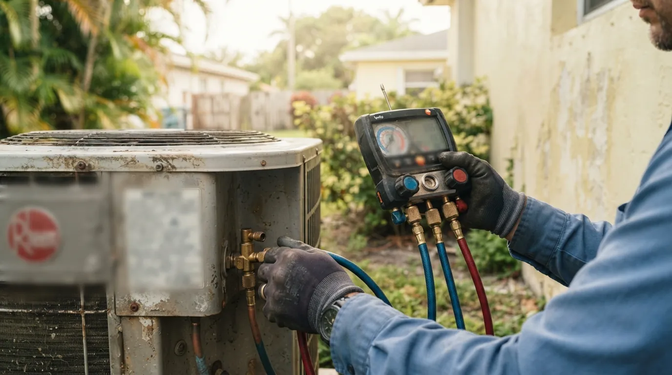 Close detail photo for AC short cycling in a Miami property: technicians hands at the read refrigerant step