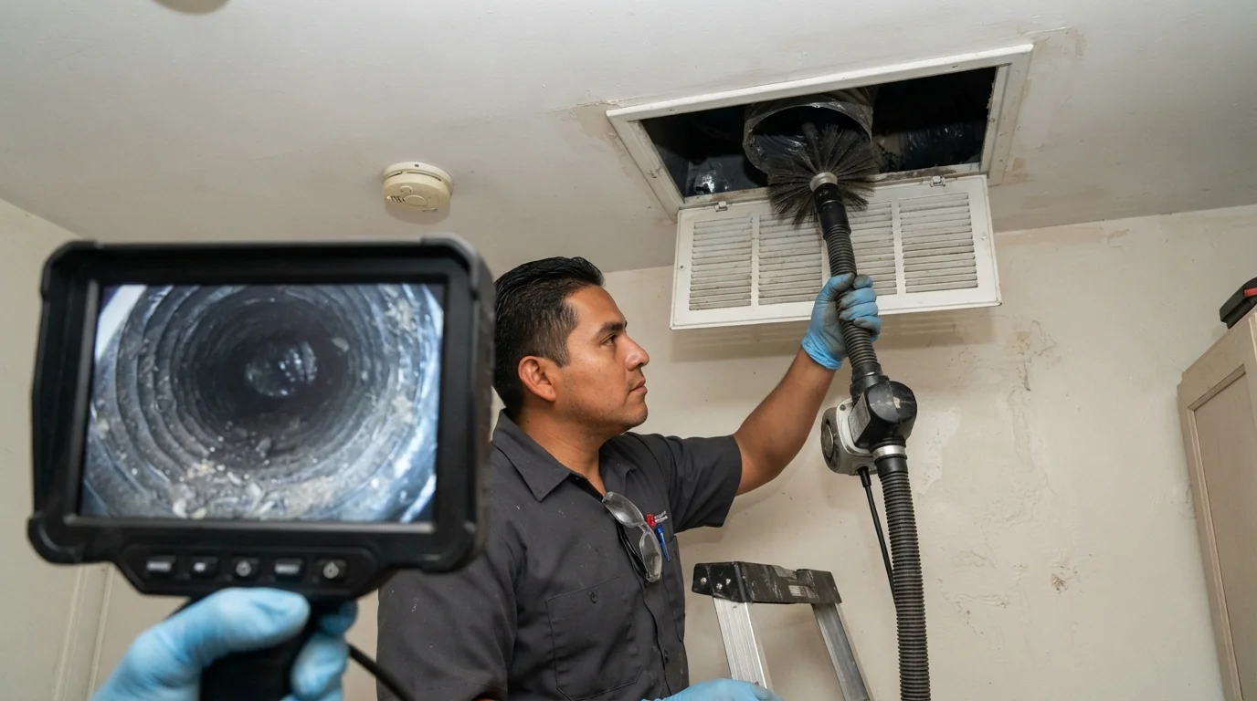Camera inspection monitor showing the inside of a dusty flex duct beside a technician holding a rotary brush hose at a ceiling register in a Miami home