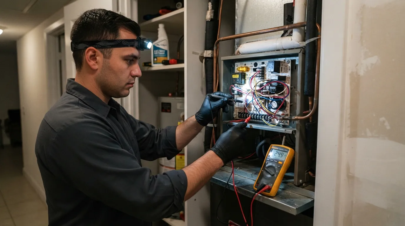 Technician testing the low-voltage terminals and fuse on an air handler control board in a Miami hall closet with a multimeter