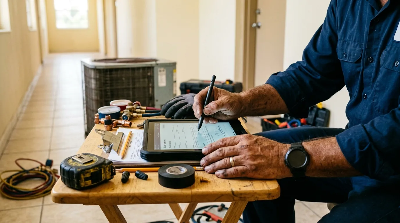 Close detail photo for condo AC replacement in a Miami property: technicians hands at the quote and approval step
