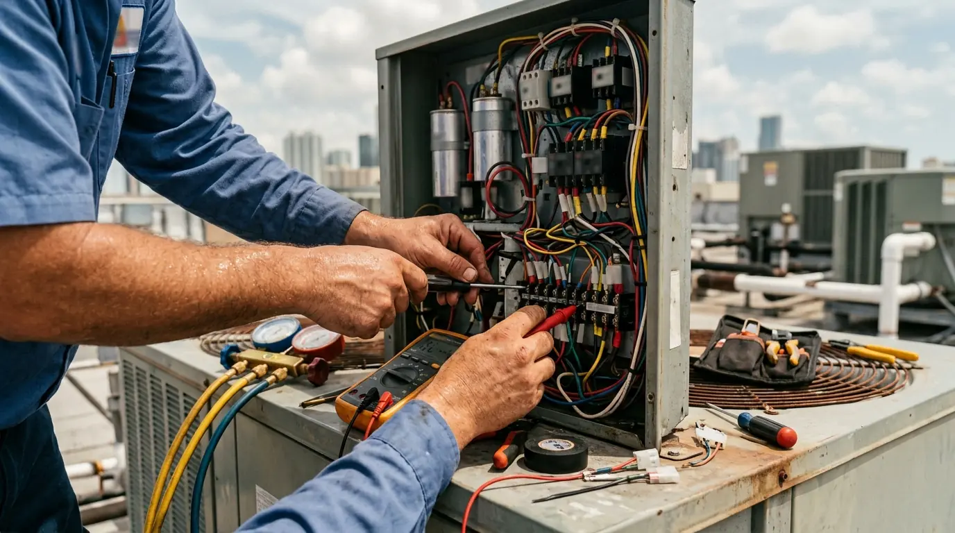 Close detail photo for commercial AC repair in a Miami property: technicians hands at the diagnosis step
