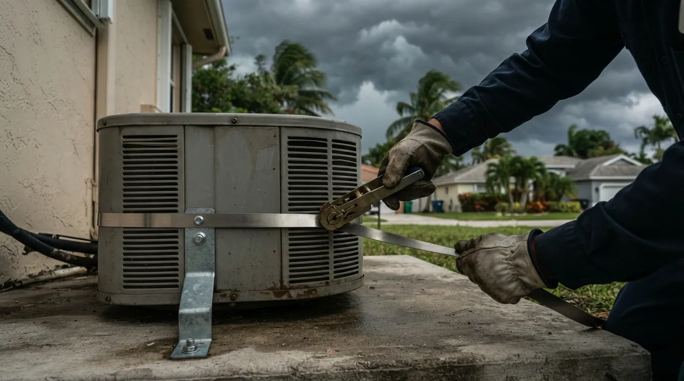 Technician tightening a stainless hurricane tie-down strap on an outdoor condenser as dark storm clouds build over a Miami neighborhood