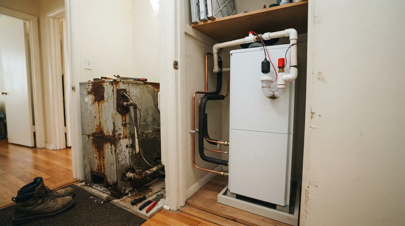 New white air handler standing in a narrow Miami hall closet with fresh copper lines