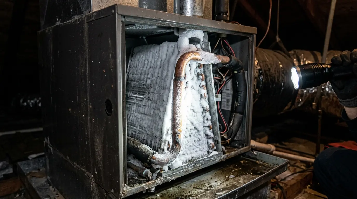 Frost and ice coating an evaporator coil and copper suction line inside an open Miami air handler