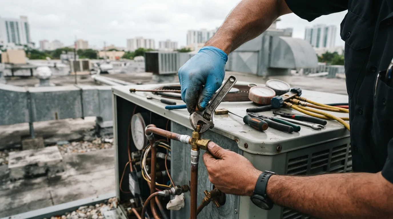 Close detail photo for restaurant HVAC in a Miami property: technicians hands at the repair step