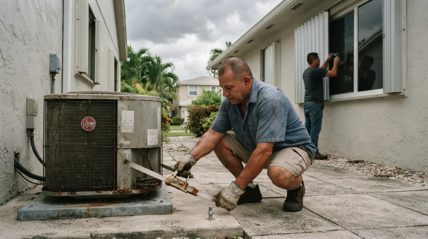 Miami homeowner checking stainless tie-down straps on an outdoor AC condenser while shutters are being put up on the house behind