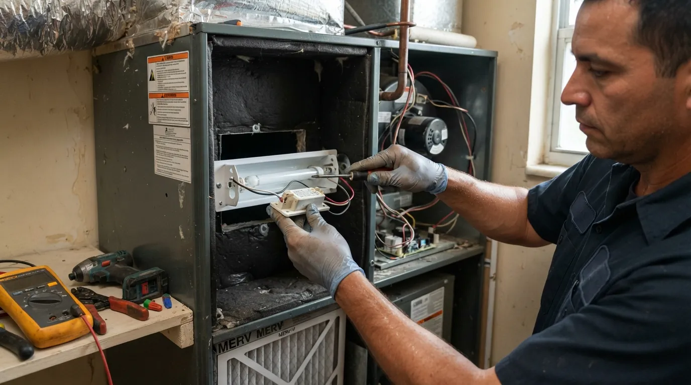 Close detail photo for air purifier installation in a Miami property: technicians hands at the install step