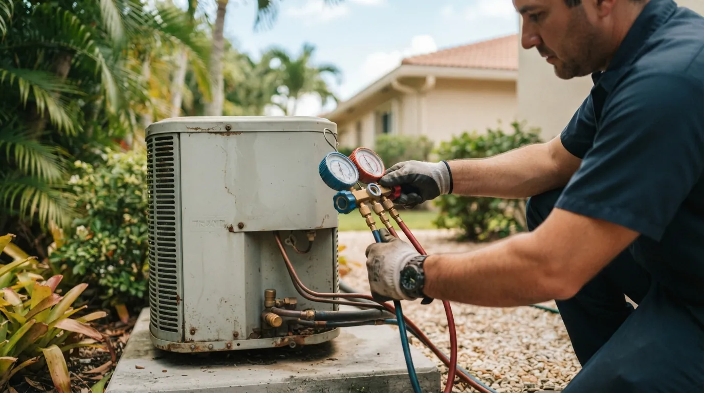 Close detail photo for AC not cooling in a Miami property: technicians hands at the refrigerant readings step