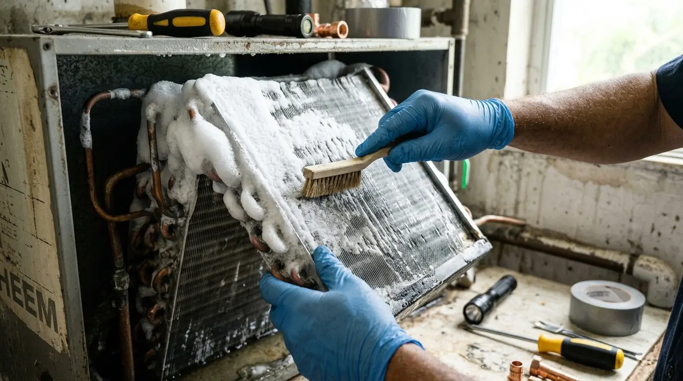 Close detail photo for frozen evaporator coil repair in a Miami property: technicians hands at the coil condition step