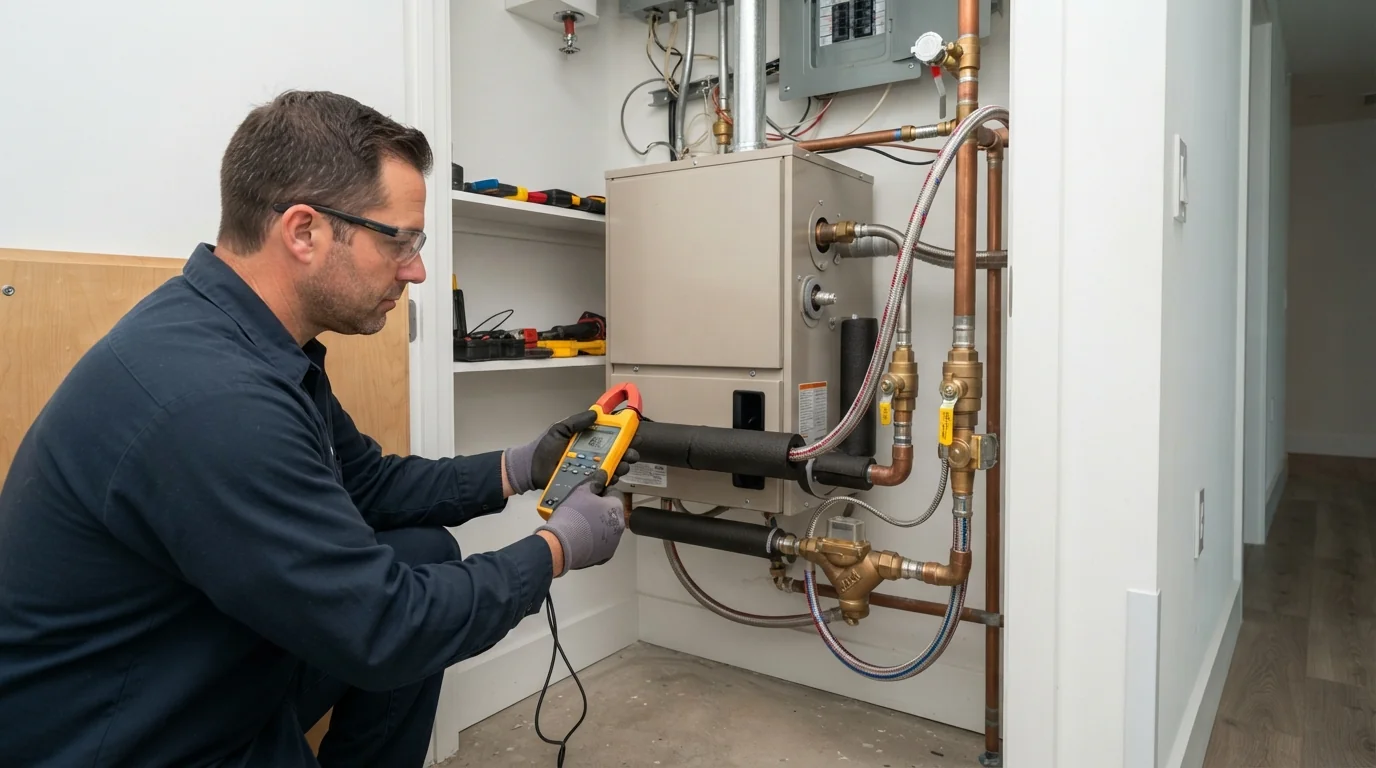 Water-source heat pump unit in a Miami high-rise condo closet with supply and return water hoses