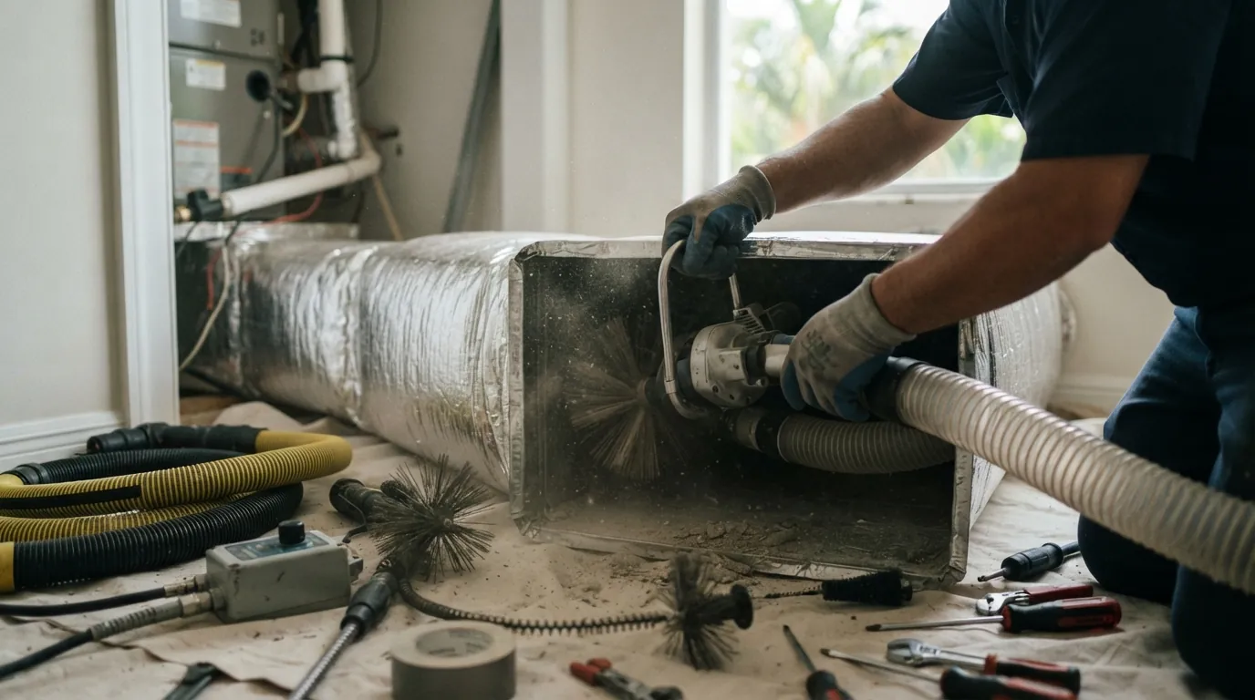 Close detail photo for air duct cleaning in a Miami property: technicians hands at the negative pressure step