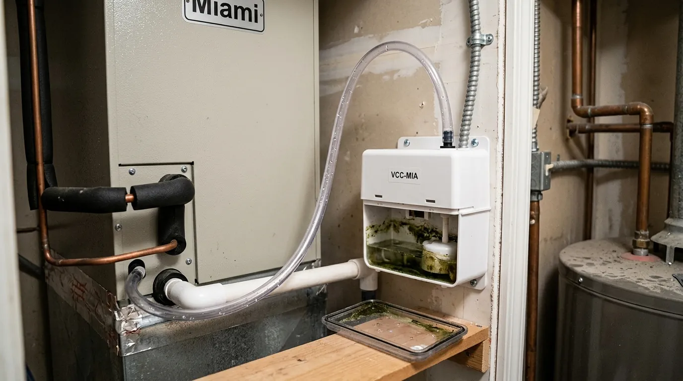 Small white condensate pump with a clear discharge tube mounted beside a Miami air handler in a closet
