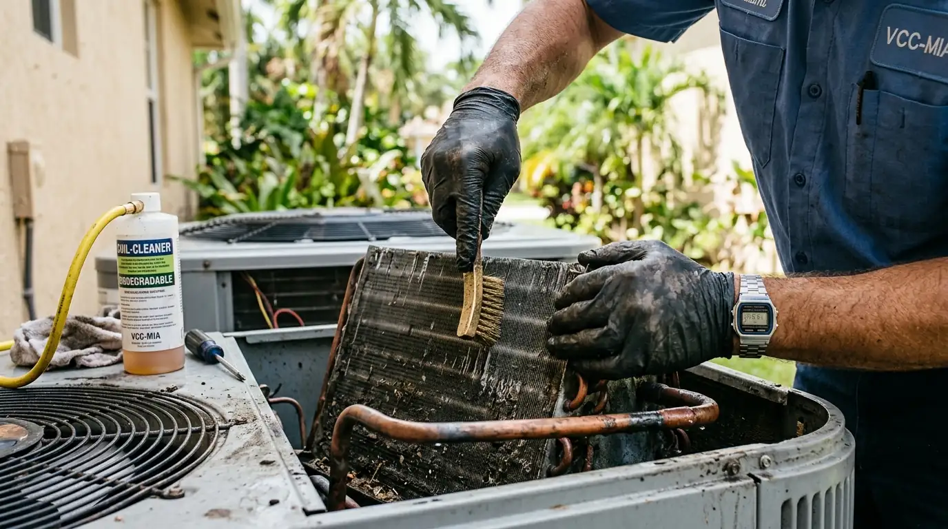 Close detail photo for coil cleaning in a Miami property: technicians hands at the clean the condenser step