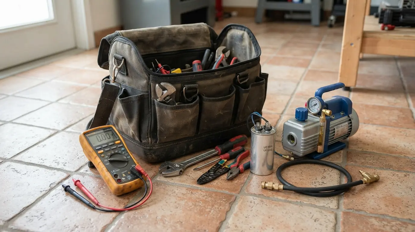 Open technician tool bag with multimeter