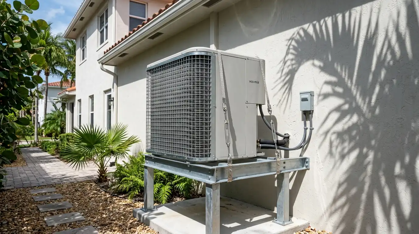 New condenser with a coastal-protection coil guard bolted to a raised stand with stainless tie-down straps beside a Miami Beach home