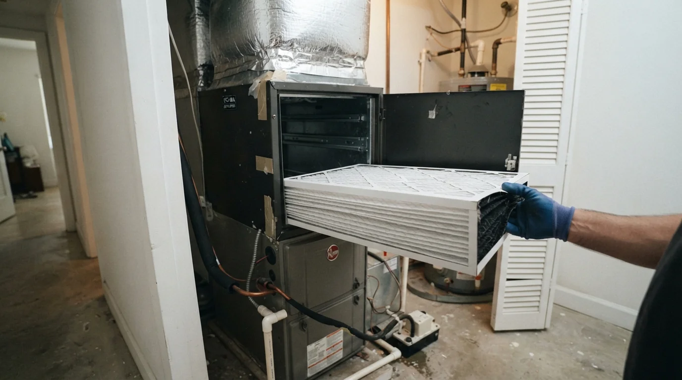Media air filter cabinet installed on the return side of an air handler in a Miami utility closet