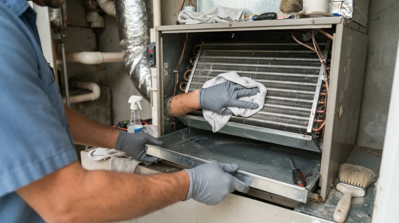 Close detail photo for air handler mold cleaning in a Miami property: technicians hands at the clean the coil and pan step
