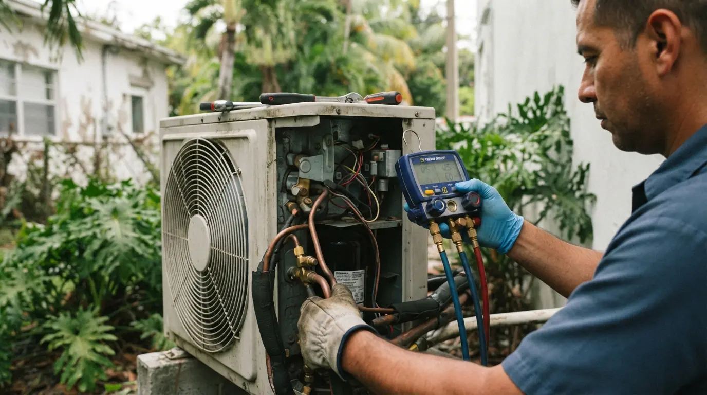 Close detail photo for mini-split repair in a Miami property: technicians hands at the test the outdoor unit step