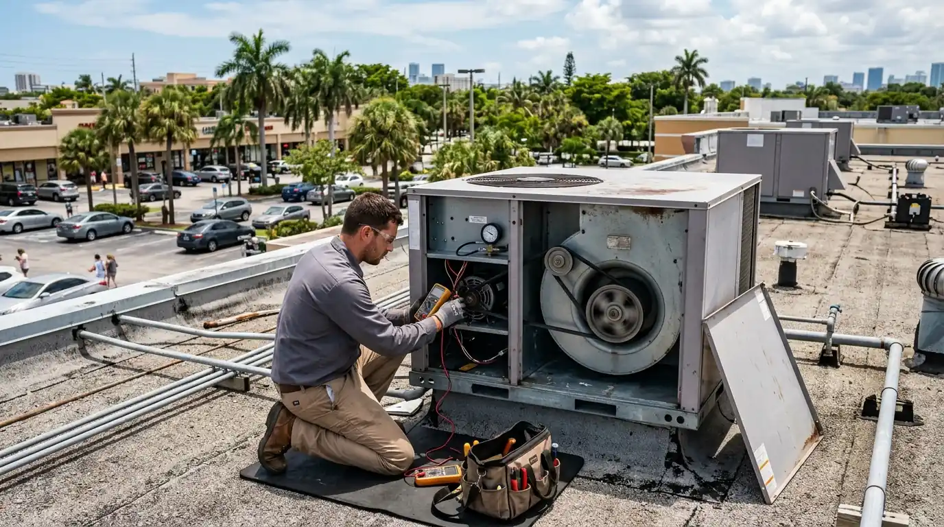 Technician on a flat Miami strip-mall roof with the side panel off a rooftop package unit