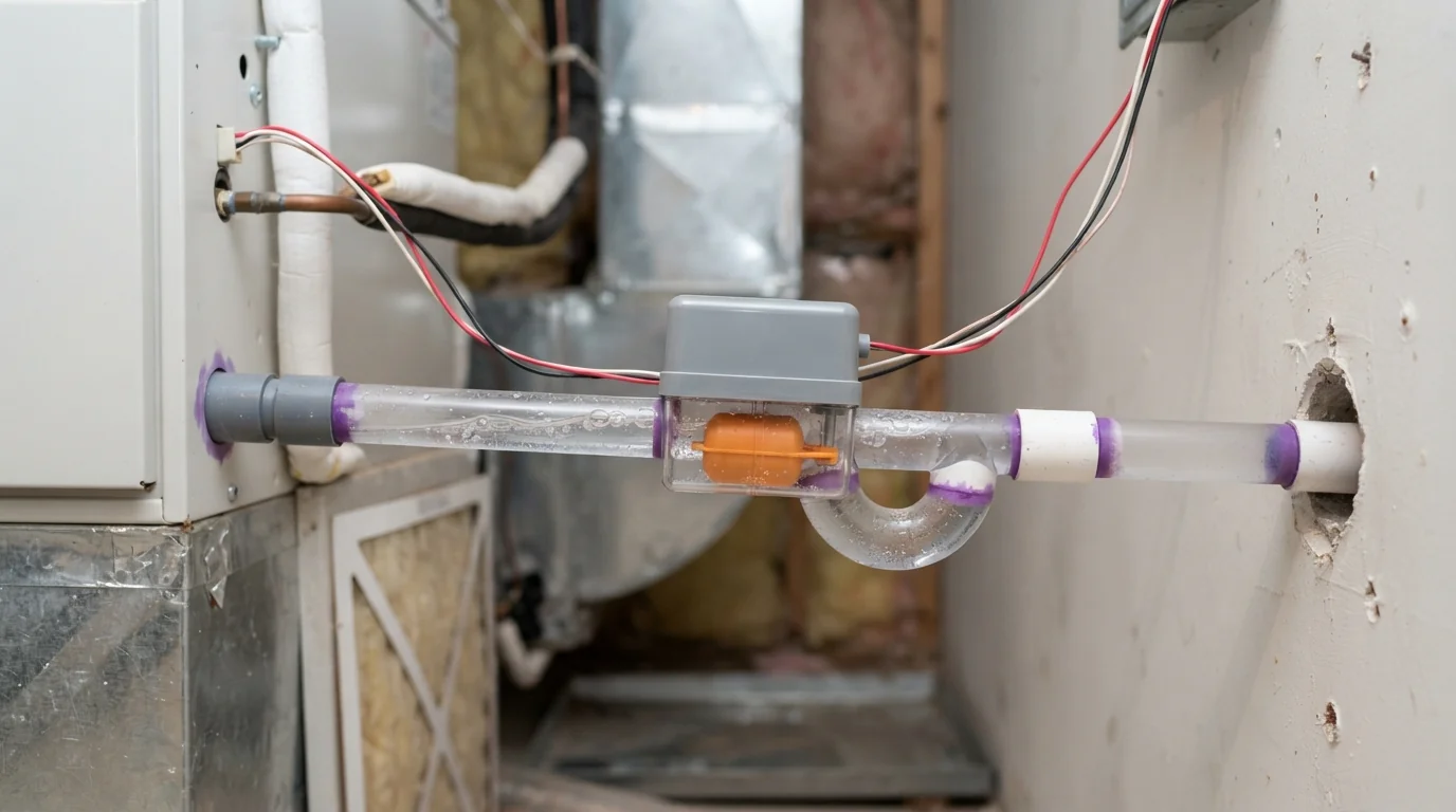 Close-up of a clear PVC condensate drain line with a float switch beside an air handler