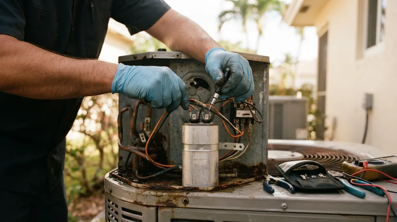 Close detail photo for AC capacitor replacement in a Miami property: technicians hands at the match the part step