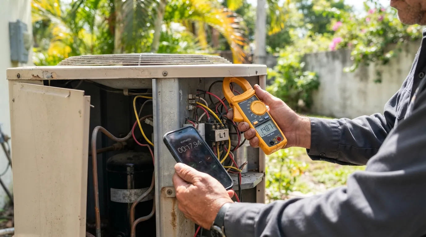 Technician watching a thermostat and a clamp meter on an outdoor condenser wire in a Miami side yard