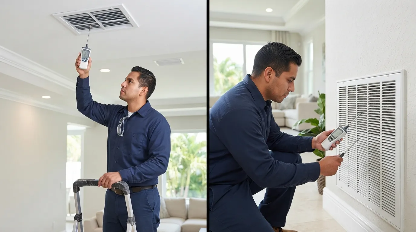Split image style photo of a technician holding a digital thermometer at a ceiling supply vent reading 66 degrees and a return grille reading 80 degrees in a Miami living room
