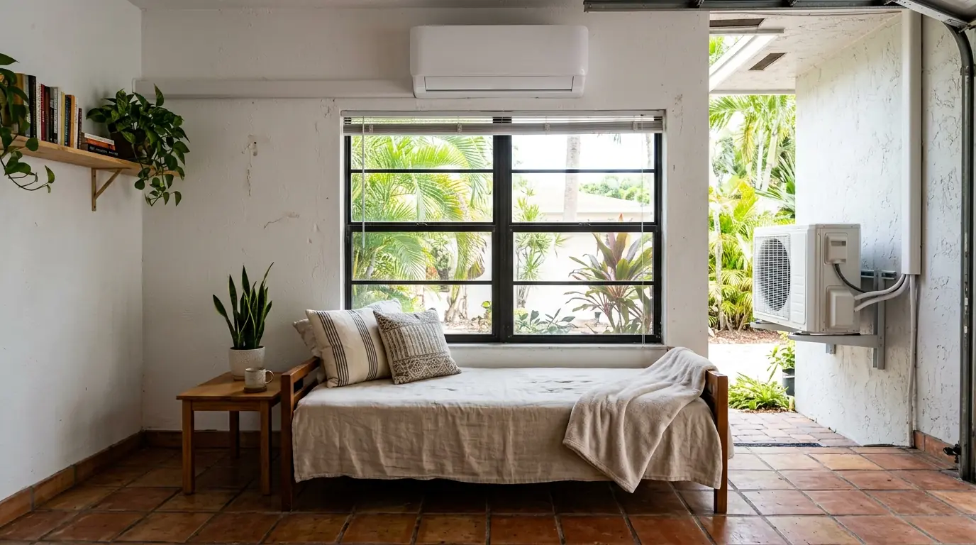 White wall-mounted ductless mini-split head above a window in a converted Miami garage studio with tile floor and a daybed