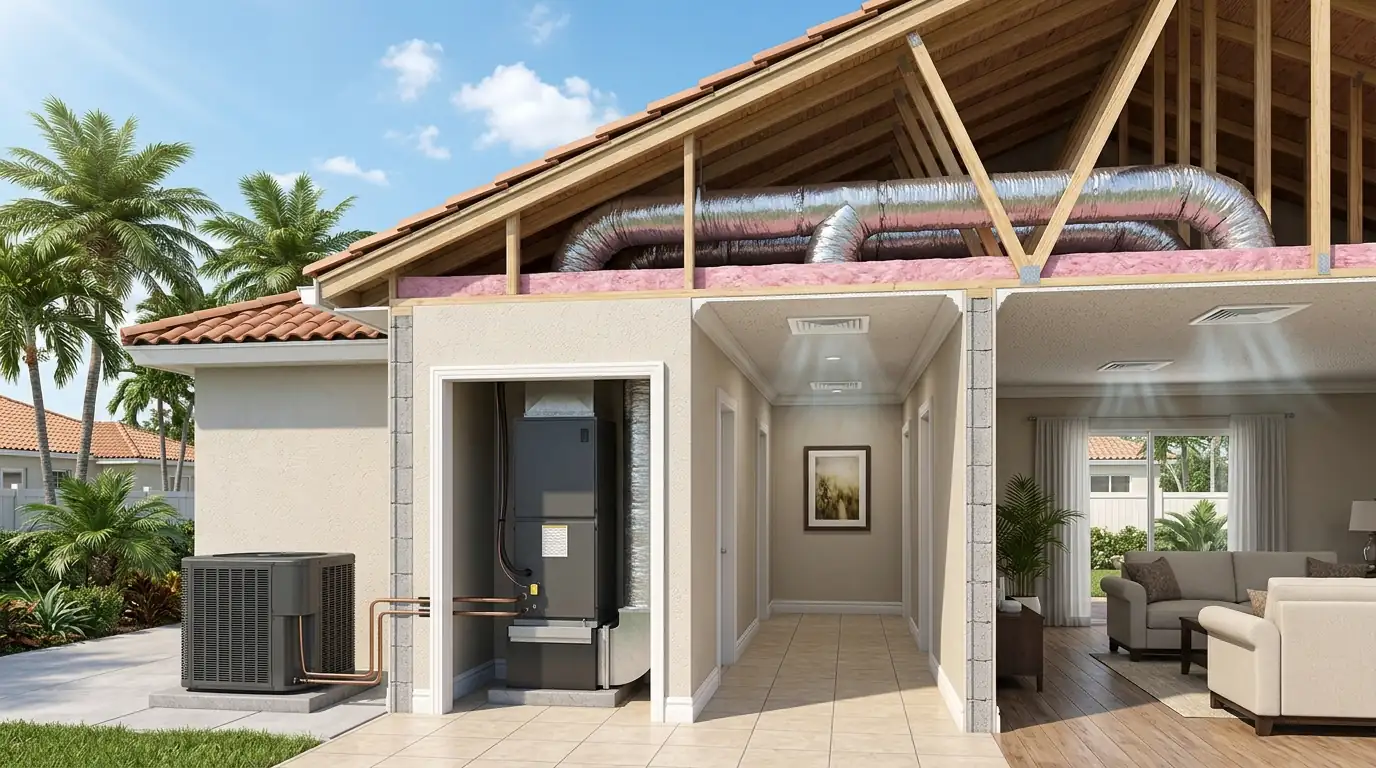 Cutaway illustration style photo of a Miami CBS home showing an outdoor condenser