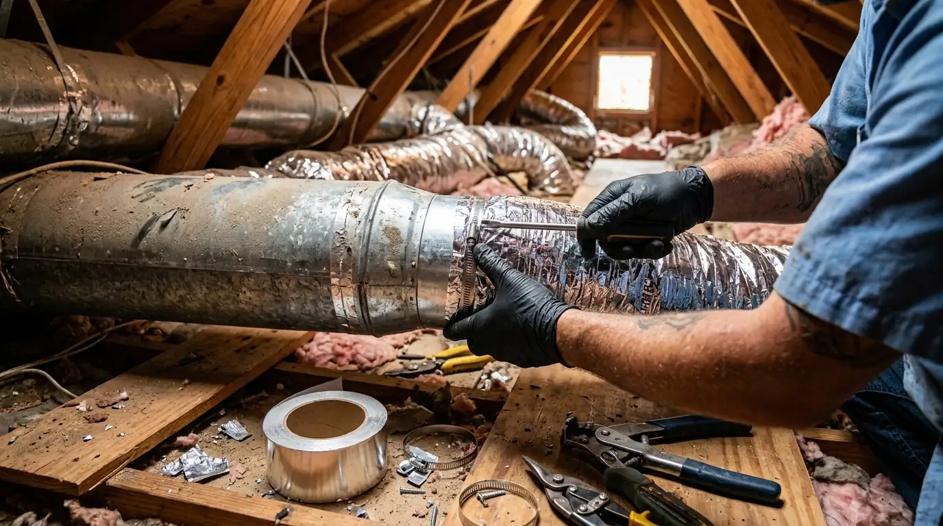 Close detail photo for duct replacement in a Miami property: technicians hands at the install new ducts step