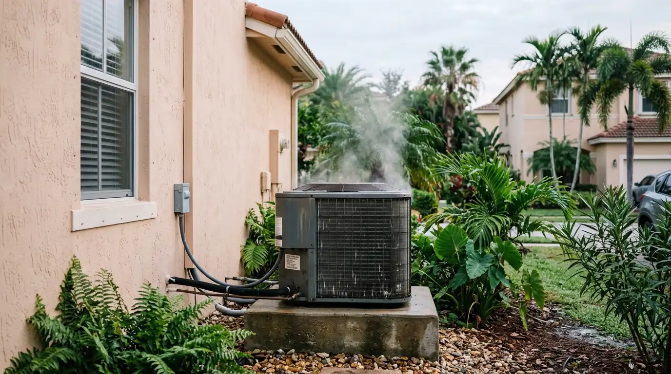 Heat pump outdoor unit on a raised pad beside a Miami townhome on a cool January morning