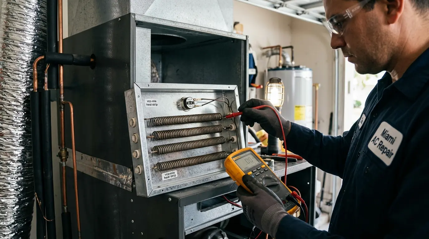 Electric heat strip kit pulled from a Miami air handler showing coiled heating elements and a limit switch